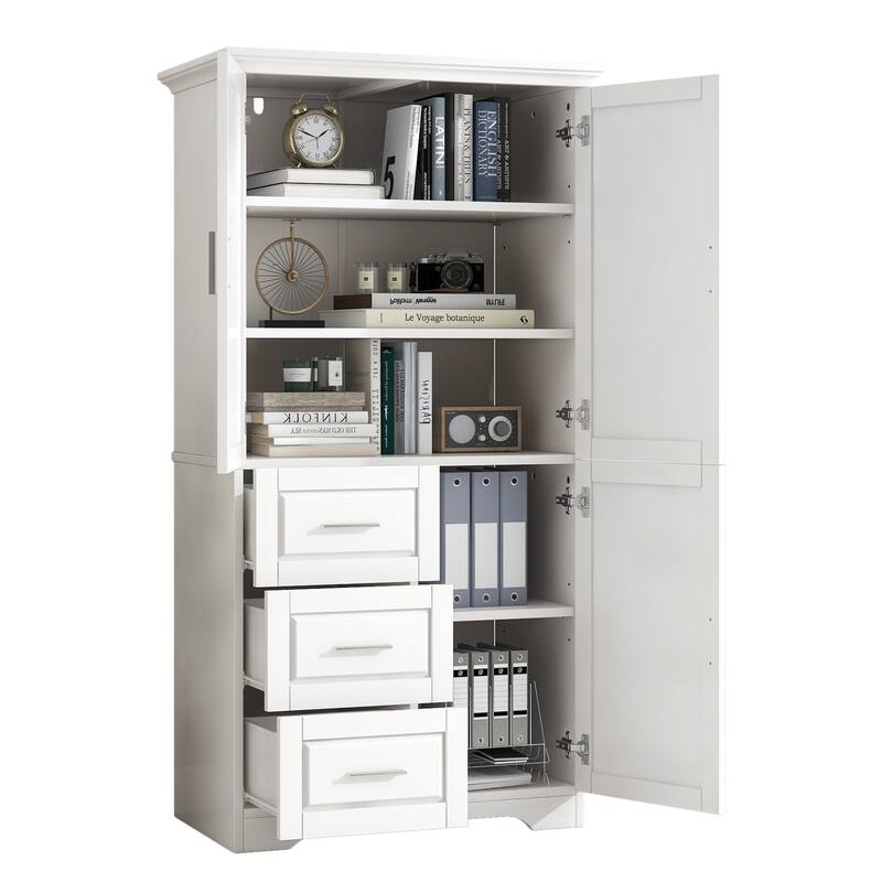 Roomfitters Tall & Wide Bathroom Storage Cabinet, Modern MDF Linen Tower with 3 Drawers & Adjustable Shelves