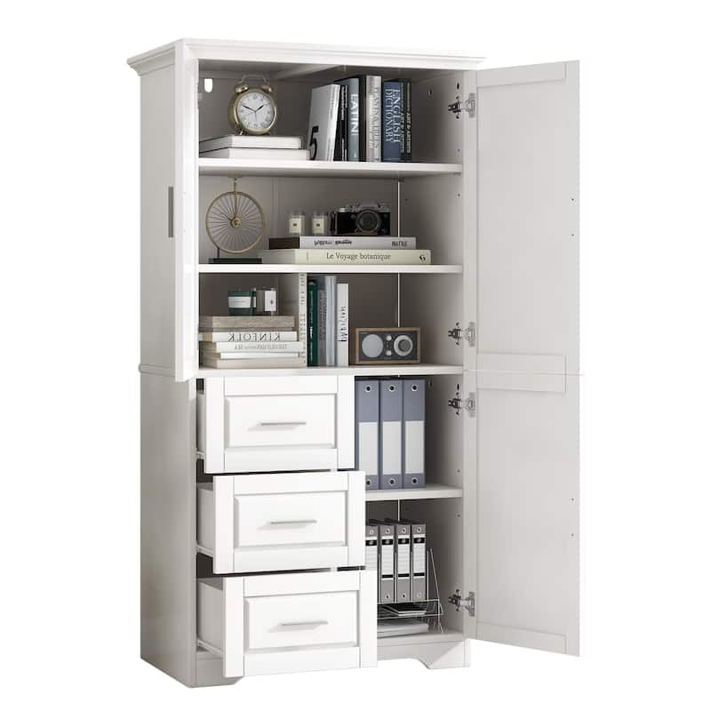 Roomfitters Tall and Wide Storage Cabinet with 3 Drawers and Doors for Bathroom or Office Freestanding Unit