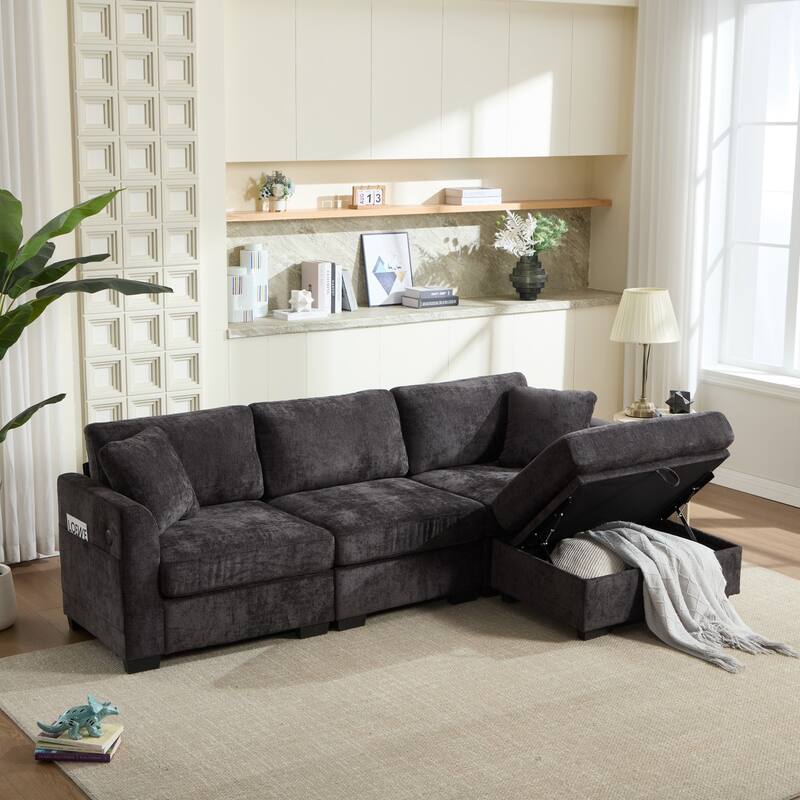 97" L-Shaped Chenille Sectional Sofa with Movable Storage Ottoman - Black