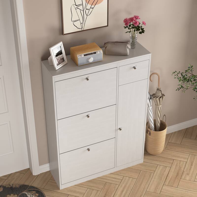 Narrow Shoe Rack Cabinet Organizer with 3 Flip Drawers, Adjustable Compartments and Spacious Top for Entryway or Hallway