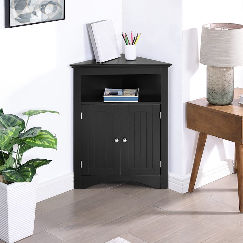 Roomfitters Corner Storage Cabinet with Doors and Open Shelf, Free Standing Sideboard Cabinet for Bathroom, Kitchen, or Entryway