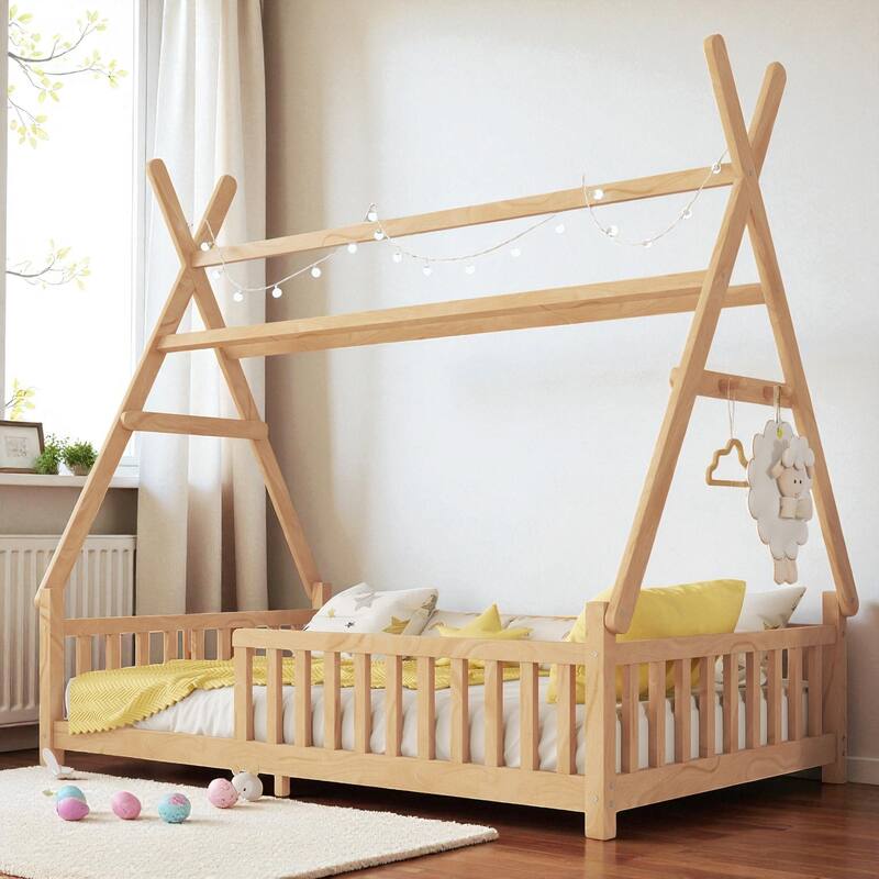 Twin/Full Size House Bed with LED Light and Fence, Wooden Low Floor Kids Bed Frame with Roof for Boys and Girls - Natural - Twin