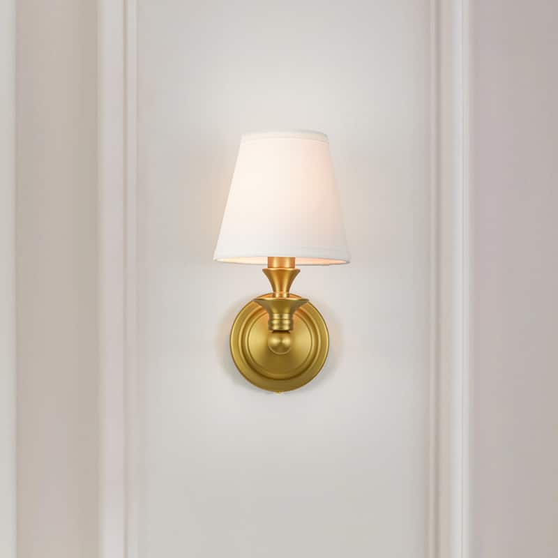 Rennnsan 1-Light Farmhouse Black/Gold Iron Wall Sconce with White Fabric Shade - Gold - 1 Light