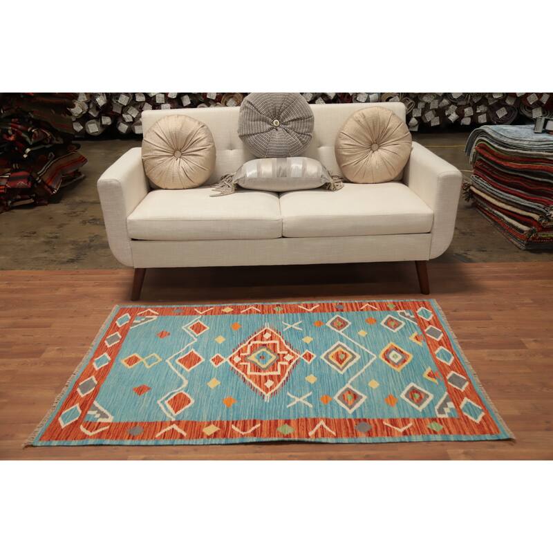 Hand Woven Oriental 100% Wool Carpet Southwestern Tribal Navy Blue & Blues Kilim Area Rug - 5' 0'' X 3' 2''