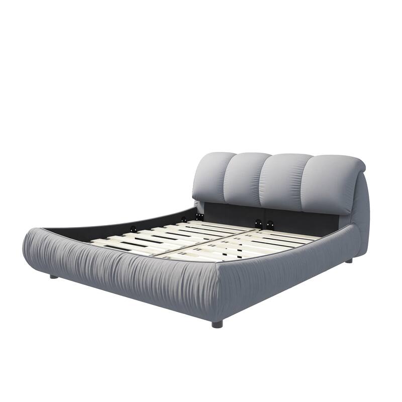 Grey King Size Luxury Upholstered Platform Bed with Oversized Padded Backrest and Solid Frame