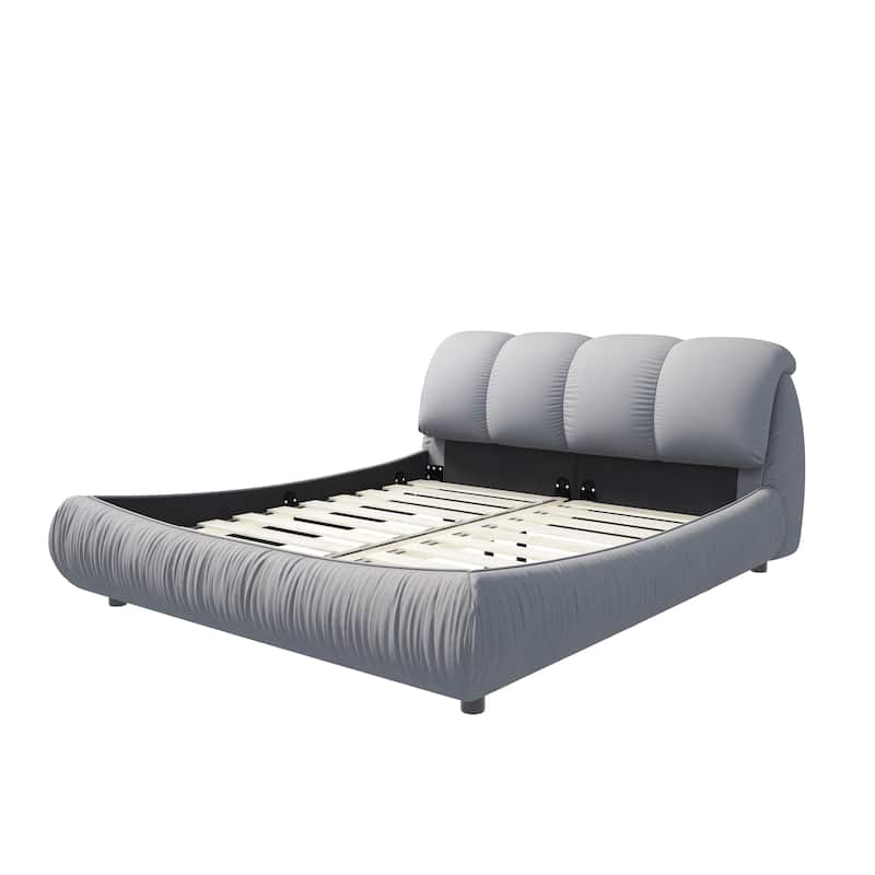 King Size Upholstered Bed Frame with Extra-Wide Cushioned Headboard, Solid Pine Slats & Adjustable Mattress Height