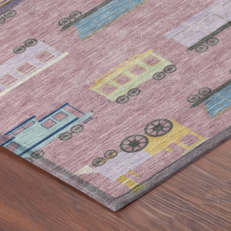 Machine Washable Indoor/ Outdoor Modern Train Chantille Rug