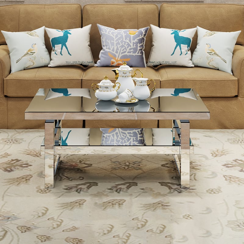 Full-mirror Coffee Table Rectangular Center Table with Open Shelf - Silver