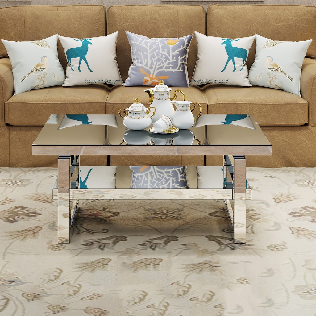 Full-mirror Coffee Table Rectangular Center Table with Open Shelf