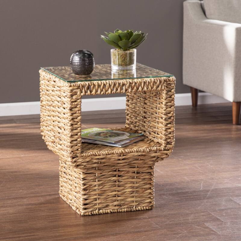 23" Square Natural Brown Rattan Wicker End Side Table with Clear Glass Top for Living Room or Bedroom - 22.5" H x 18" W x 18" L