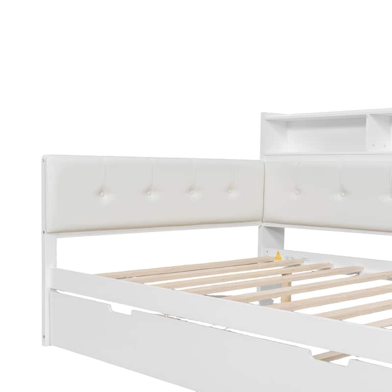 Full Size Wood Daybed with Trundle, Padded Bench, Charging Station, and Upholstered Headboard by Harper&Bright Designs