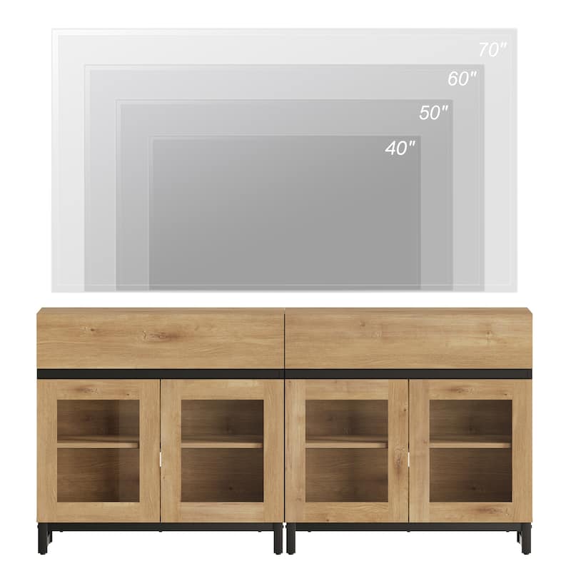 WAMPAT Modern TV Stand with Glass Doors for 110 inch TVs, Entertainment Center Console with 3 Drawers and Metal Base