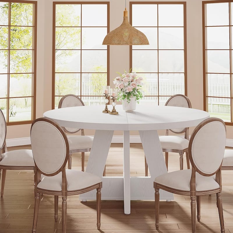 47" Round Wood Dining Table 4-Seater Farmhouse with Wooden Tabletop Cross Base for Dining Room/Kitchen