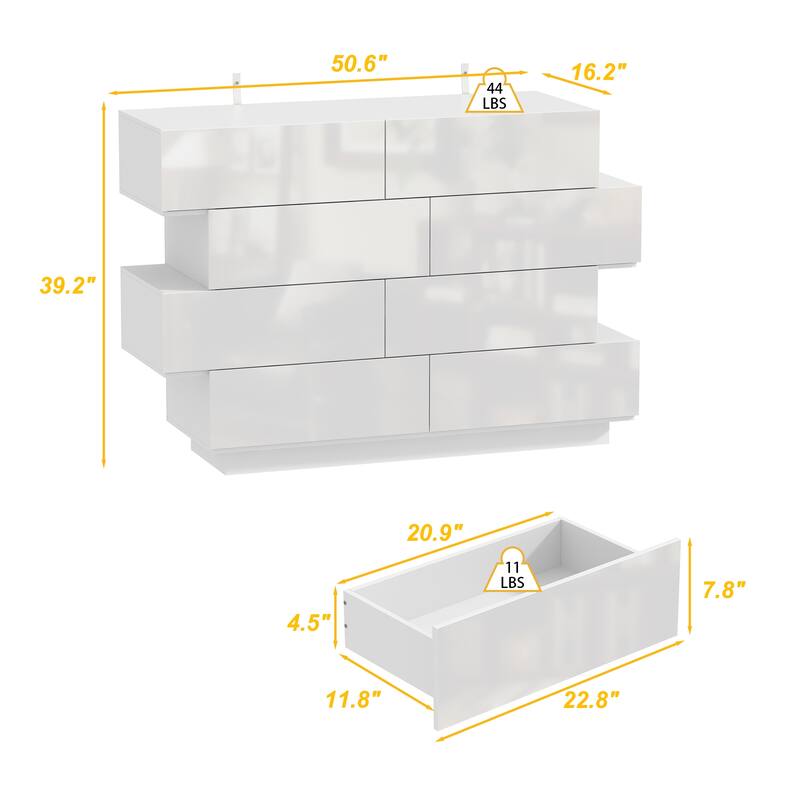 High Gloss White Eight-Drawer Dresser with Modern Design and Storage Chest