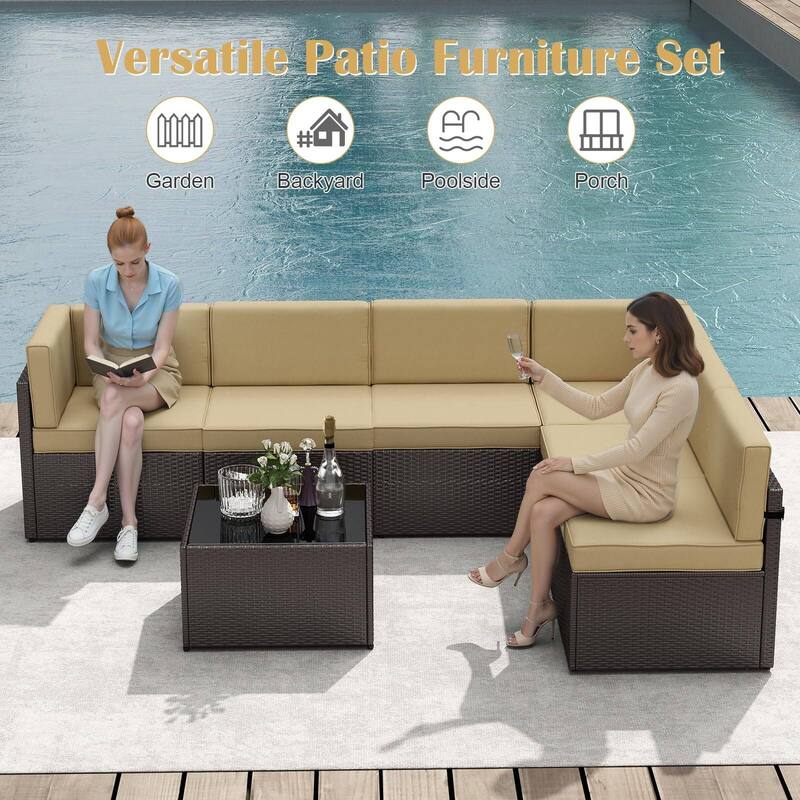 7PC Outdoor Patio Furniture Set, Wicker Patio Sectional Furniture Set with Coffee Table & Cushion for Garden, Backyard, Poolside