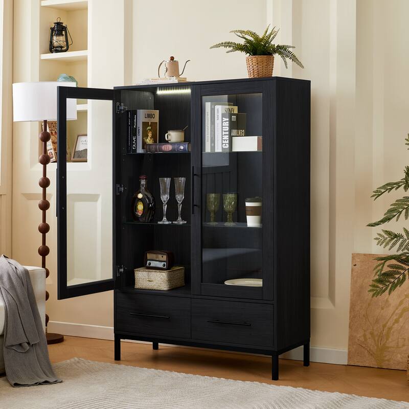 60'' Tall Display Cabinet with Tempered Glass Door, LED Lighting, 2 Drawers, Modern Storage Cabinet Book Display Cabinet