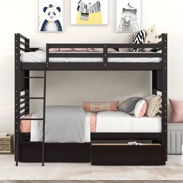 slide 2 of 56, Twin over Twin Wood Bunk Bed with Ladder and Two Drawers Espresso