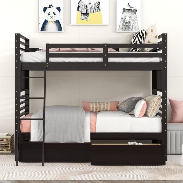 slide 2 of 9, Twin over Twin Wooden Bunk Bed with Two Storage Drawers Espresso