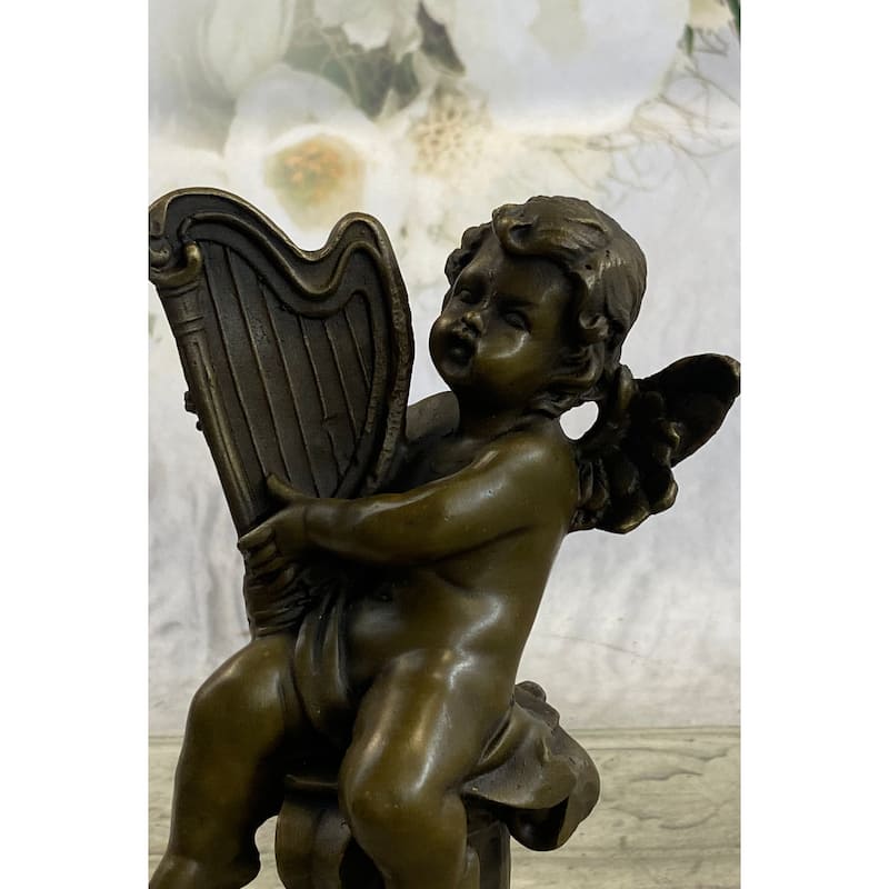 Bronze Cherub Playing Harp Cherubim Statue Sculpture Figure Moreau 8 Inches X 5 Inches