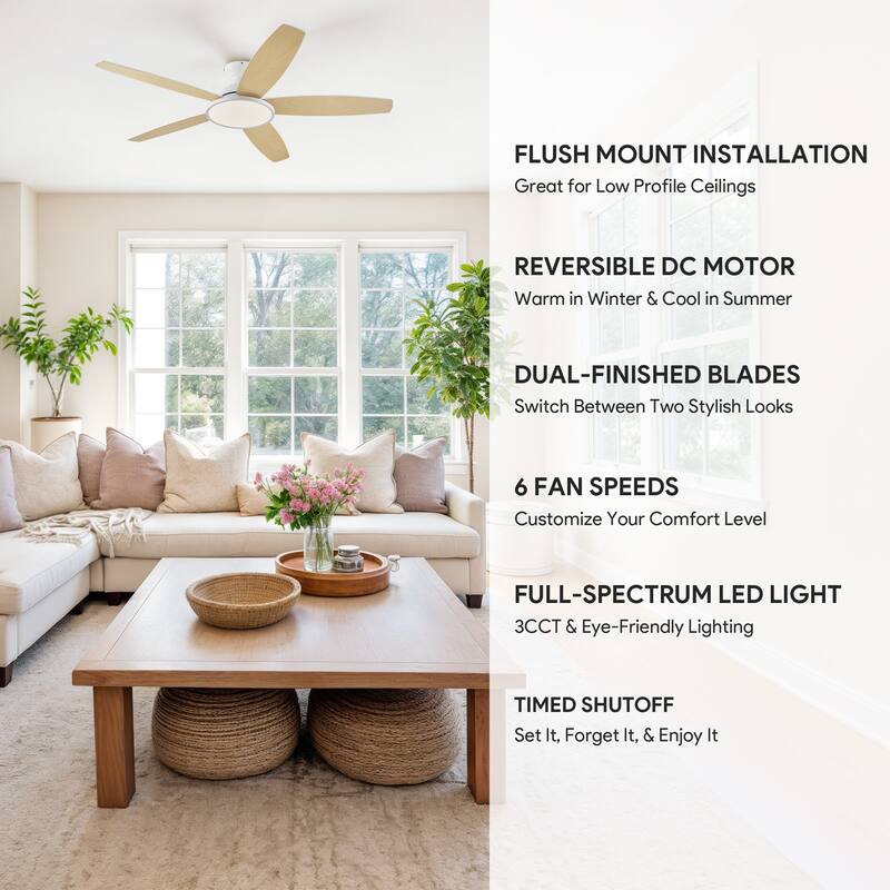 5 - Blade Low Profile Flush Mount Modern Ceiling Fan with 3CCT LED Light and Remote
