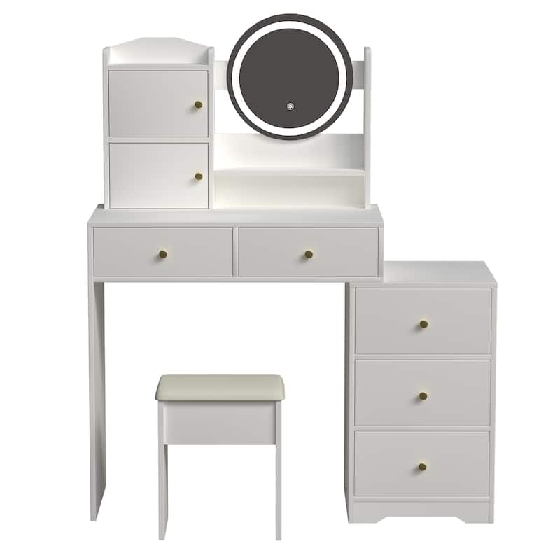 White Makeup Vanity Desk Set with LED Makeup Vanity Round Mirror & 3 Color Options, Dressing Table & Stool Set
