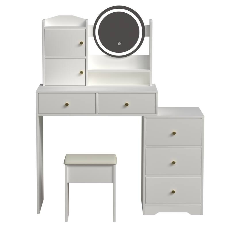 White Makeup Vanity Desk with LED Mirror 3 Lighting Options Multi-Storage Drawers Included Stool - 52.4”H