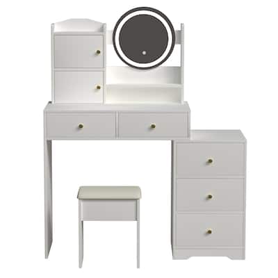White Makeup Vanity Desk with LED Mirror 3 Lighting Options Multi-Storage Drawers Included Stool - 52.4”H