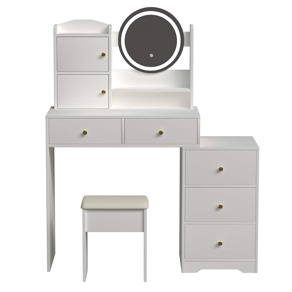 White Makeup Vanity Desk with LED Mirror 3 Lighting Options Multi-Storage Drawers Included Stool - 52.4”H