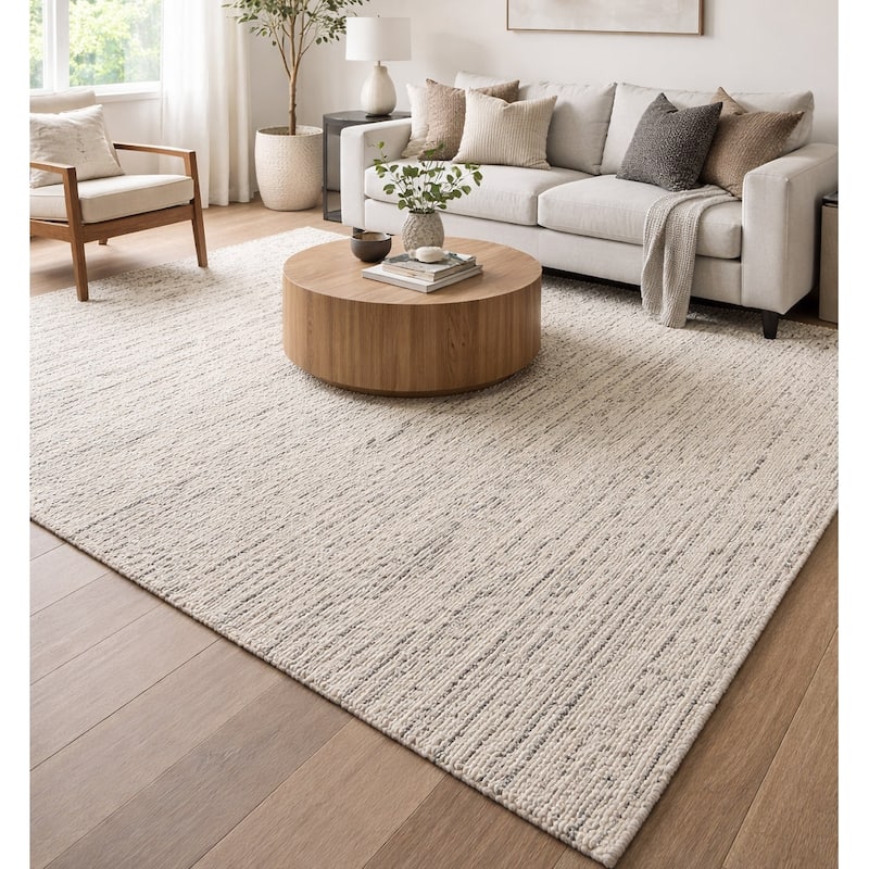 Ivory Blue Wool Handmade Modern Minimal Flatweave Area Rug - 8' x 10' - 8' x 10'