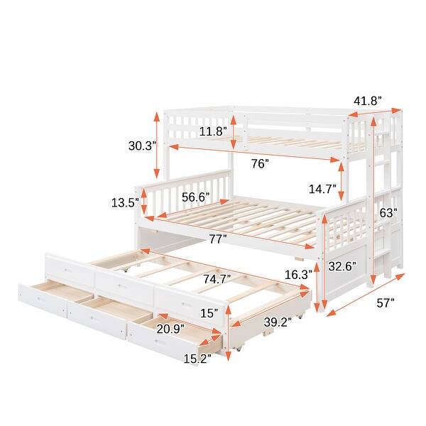 dimension image slide 1 of 3, Separable Twin Over Full Bunk Bed Storage Platform Bed with with Pull-out Trundle, Drawers, Ladder and Safety Fence