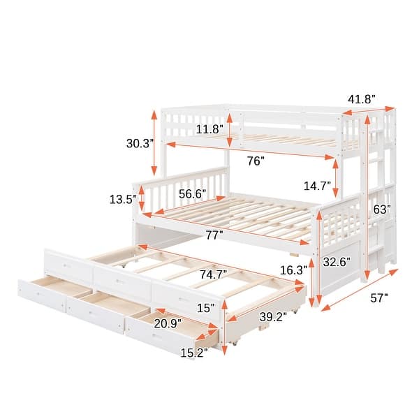 Twin-Over-Full Bunk Bed with Twin size Trundle and Drawers