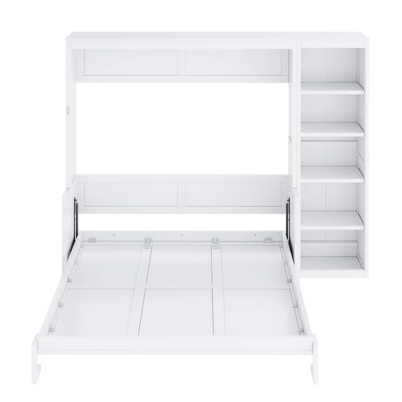 Queen/Full Size Wood Murphy Bed Foldable Wall Bed with Desk and Bookshelf