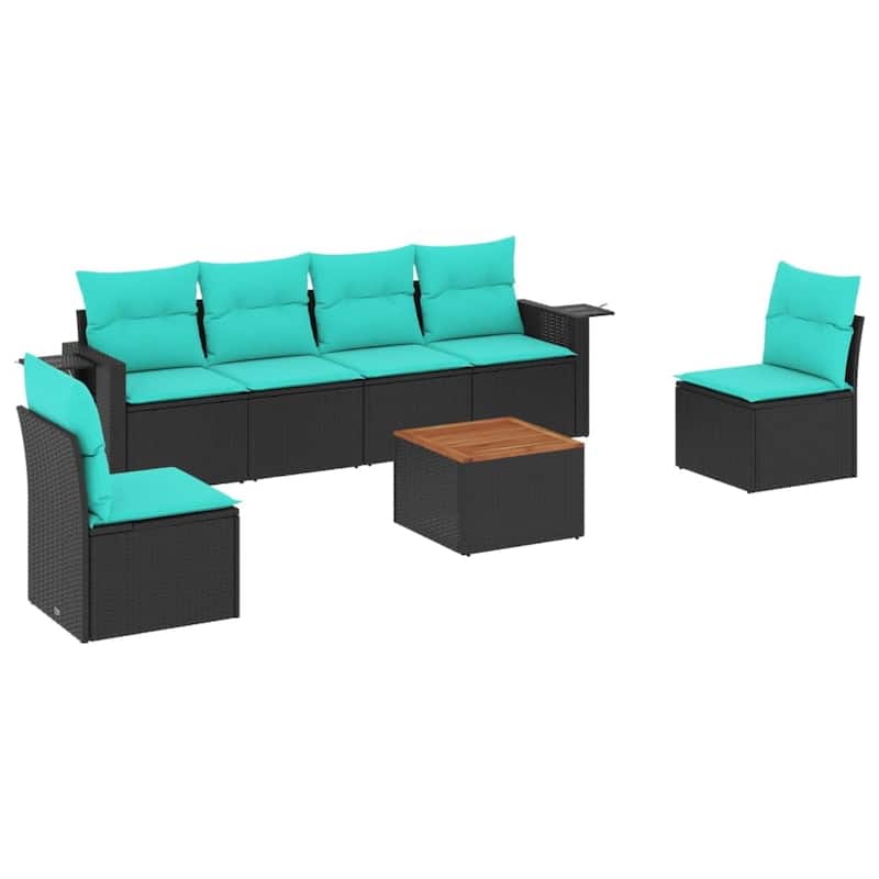vidaXL 7 Piece Patio Sofa Set with Cushions Black Poly Rattan - 21.7" x 24.4" x 27.2"