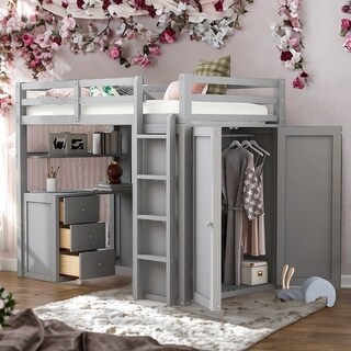 Muti-functional Twin size Loft Bed with Drawers,Desk,and Wardrobe,Solid Construction