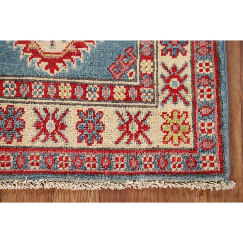 Hand Knotted Oriental 100% Wool Carpet Traditional Geometric Navy Blue & Blues Kazak Area Rug - 3' 1'' X 2' 0''