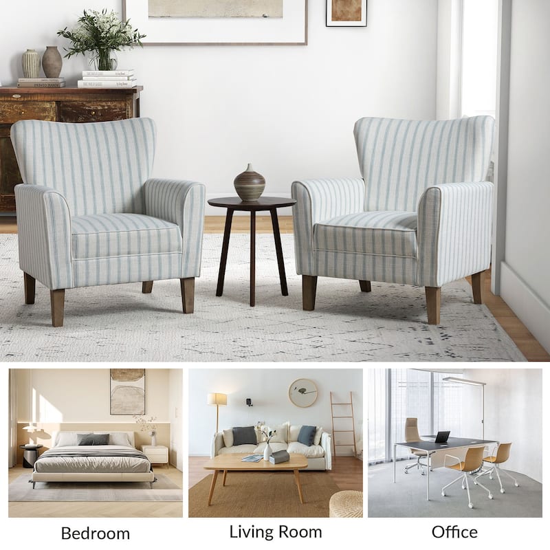 Warren Farmhouse Striped Wingback Chair with Solid Wood Legs Set of 2 by HULALA HOME