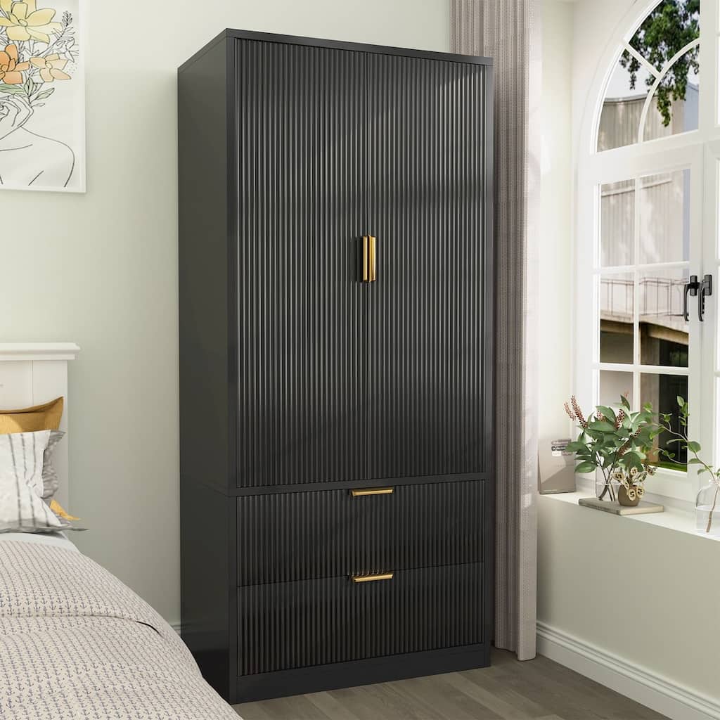 Meyreso Fluted Armoire Wardrobe Closet Storage Cabinet with 2 Doors & 2 Drawers - N/A