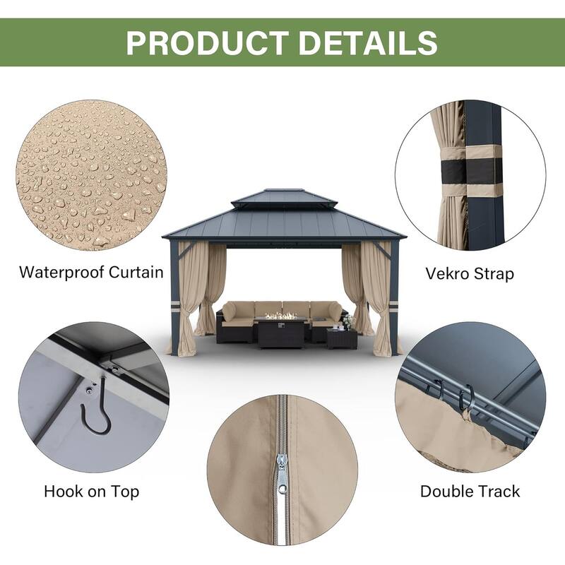 Outdoor Hardtop Gazebo Galvanized Steel Roof & Aluminum Frame, Patio Canopy Pergola w/ Mosquito Net & Curtain