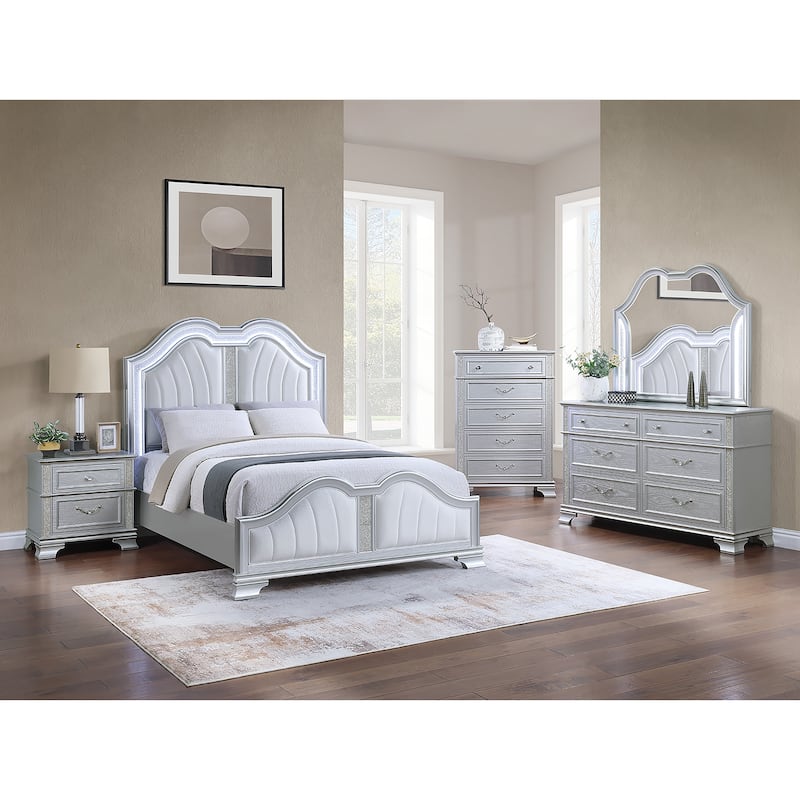 Traditional Style Bed Set Glitter Stripe Light Gray Bedroom Furniture