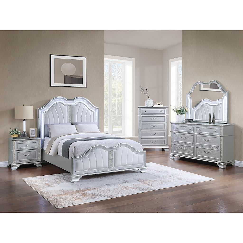 Traditional Style Bed Set Glitter Stripe Light Gray Bedroom Furniture