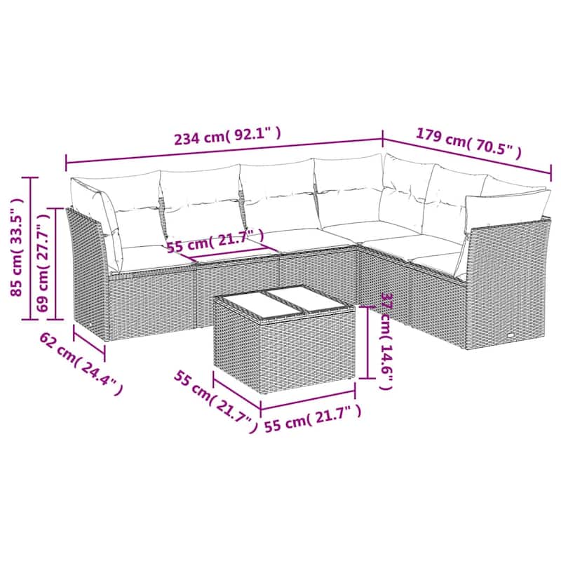 vidaXL 6/7 Piece Patio Sofa Set with Cushions Brown/Gray Poly Rattan - 21.7 x 24.4 x 27.2
