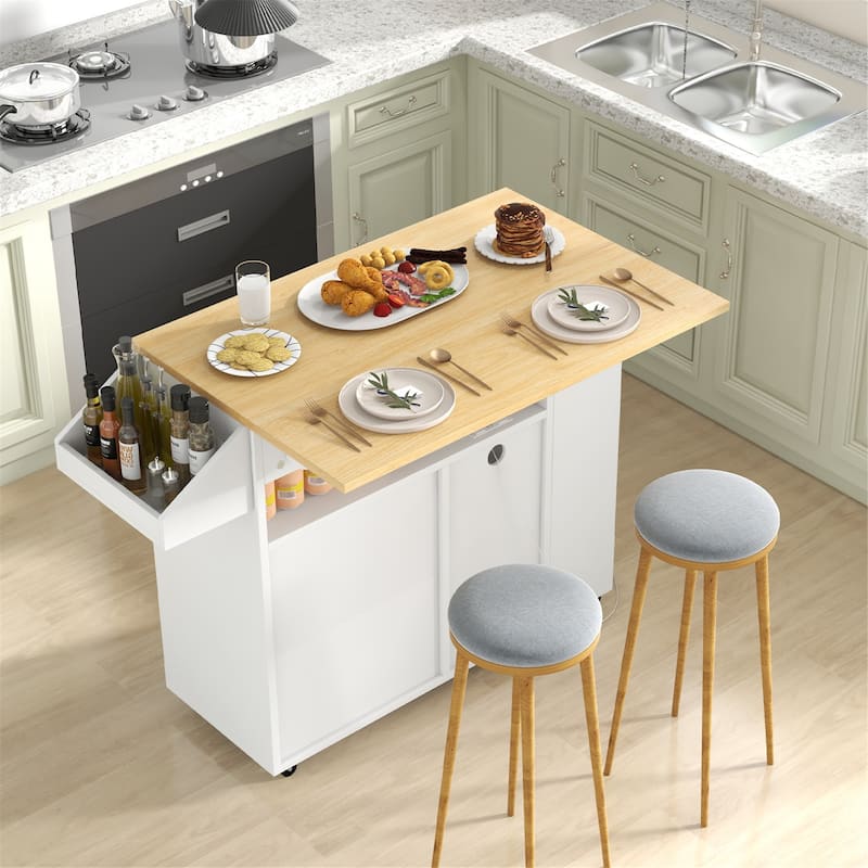 Gymax Drop-Leaf Kitchen Island Cart w/ Power Outlet Wine Rack Glass