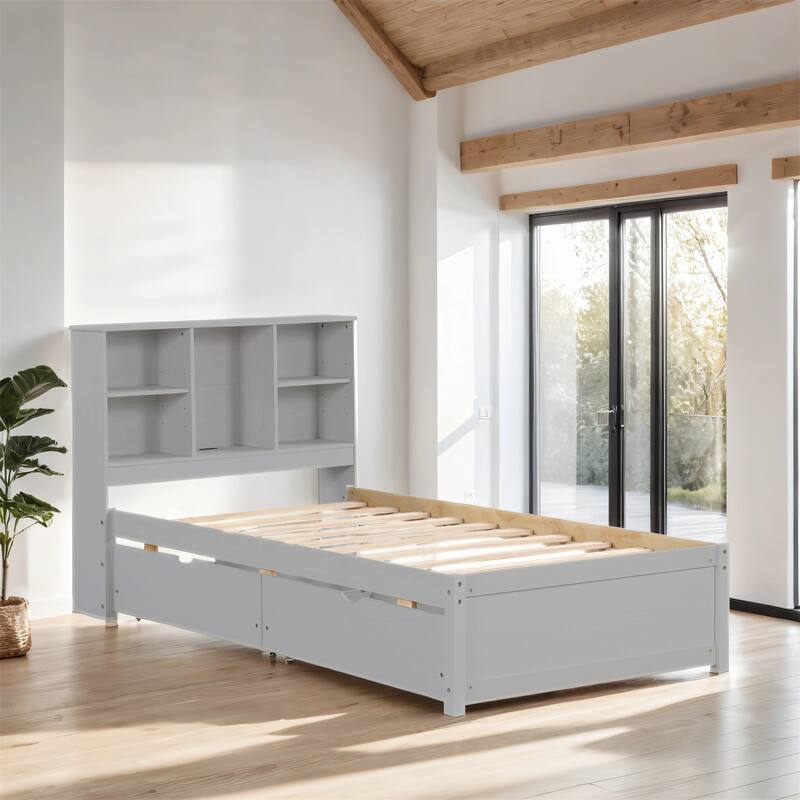 Twin Size Bed Frame With Built-in USB Port on Bookcase, 2 Drawers