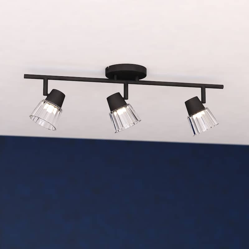 Dalton Black Semi Flush Mount Ceiling Track Fixture, 3-Adj Light Heads, Clear Glass Shade, Dimmable, Integrated LED - Matte Black - 23-in W x 6.75-in H x 6-in D