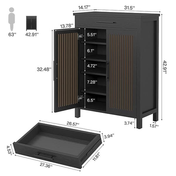 dimension image slide 2 of 3, Shoe Storage Cabinet with Louvered Doors & Drawer, Wooden Shoe Rack for Closet, Entryway
