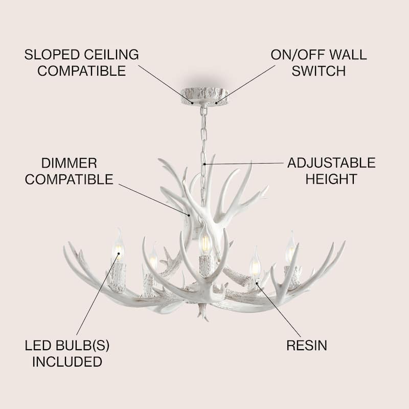 Apollo Adjustable Resin Antler 5-Light LED Chandelier, by JONATHAN Y - 30"