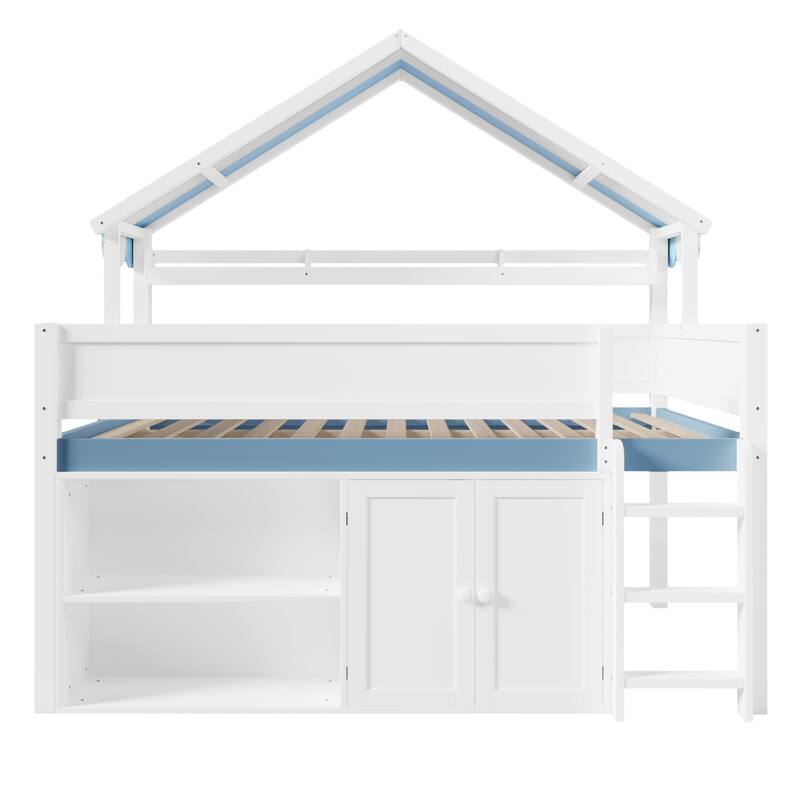 Full Size Loft Bed with Storage Cabinet and House-shaped Canopy Roof Built-in Storage Shelves