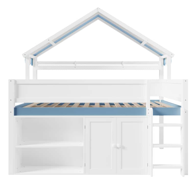 GDFStudio - Solid Wood Full Size Loft Bed with Canopy & Storage Cabinet
