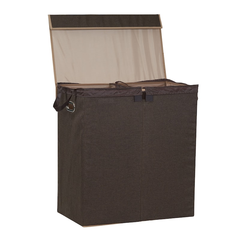 Household Essentials Double Hamper Laundry Sorter with Magnetic Lid, Brown Coffee Linen - 14.0"L x 24.0"W x 26.0"H