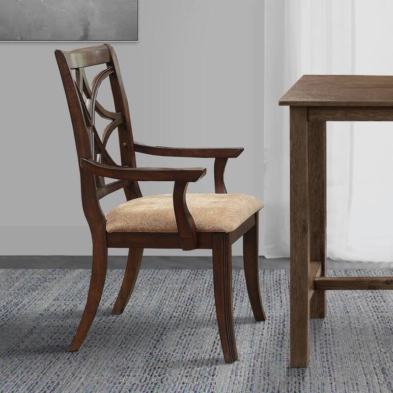 Solid Wooden Arm Chair With Fabric Seat, Cherry Brown & Beige (Set Of 2) - 27" x 23" x 44"